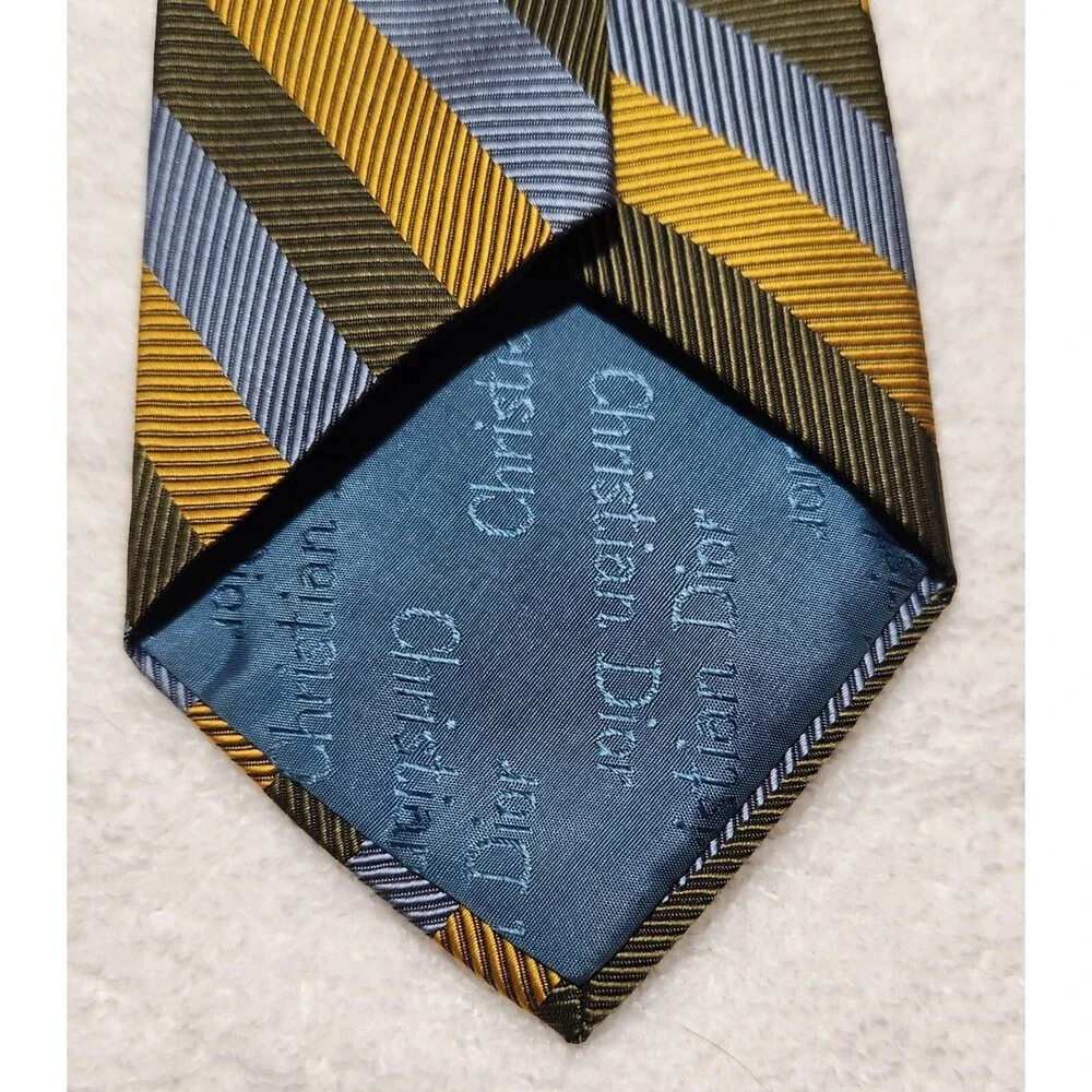 Vintage Christian Dior Tie Gold Brown Blue Stripes Geometric 100% Silk Luxury
